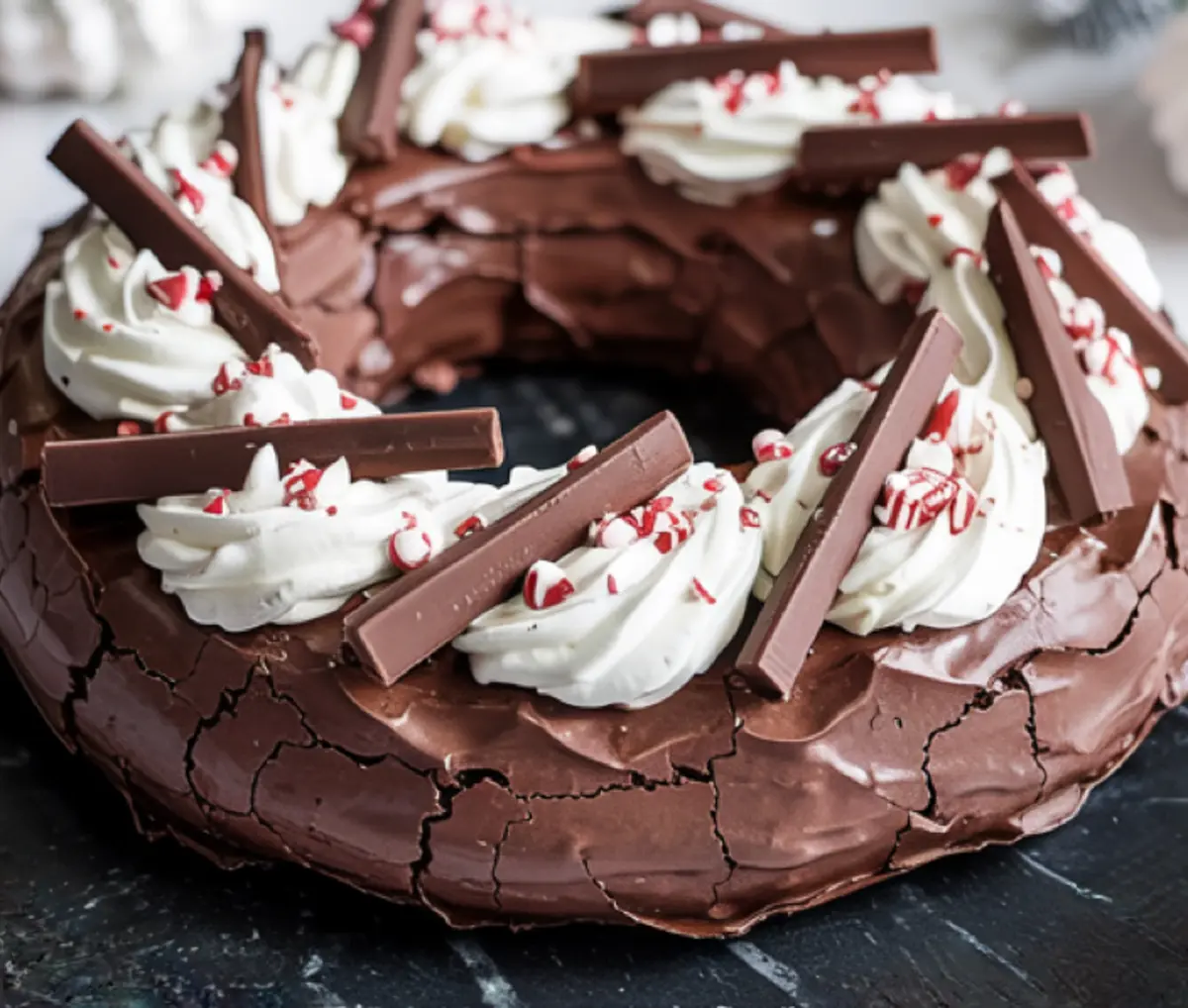 Baked chocolate pavlova wreath topped with swirls of whipped cream, crushed peppermint candy, and chocolate sticks on a black surface.
