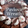 Chocolate peppermint pavlova wreath with whipped cream and chocolate garnishes, overlaid with text “Chocolate Peppermint Pavlova Wreath” for a festive dessert pin.