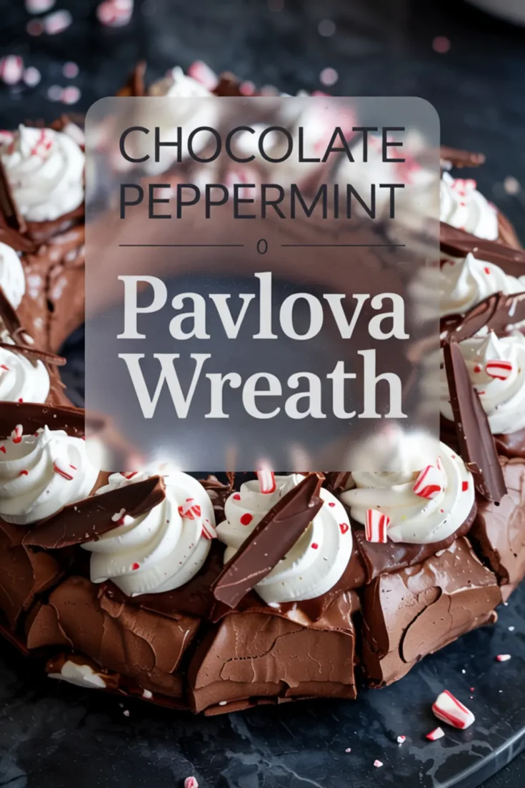 Chocolate peppermint pavlova wreath with whipped cream and chocolate garnishes, overlaid with text “Chocolate Peppermint Pavlova Wreath” for a festive dessert pin.