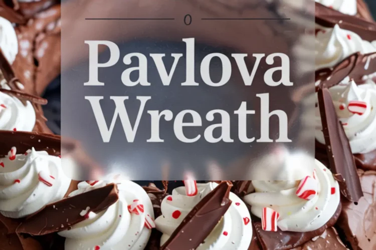 Chocolate peppermint pavlova wreath with whipped cream and chocolate garnishes, overlaid with text “Chocolate Peppermint Pavlova Wreath” for a festive dessert pin.
