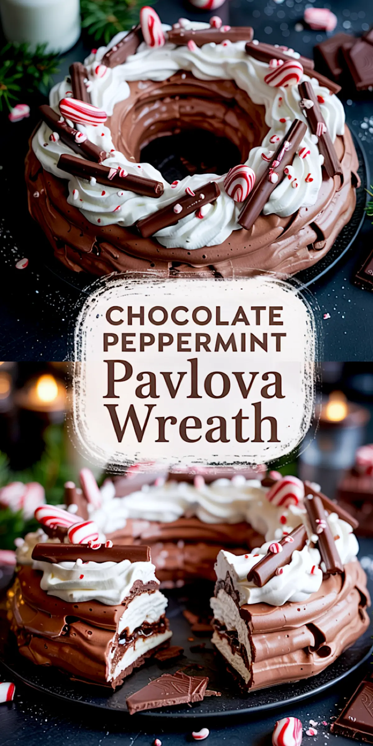 Two-image collage showing a whole chocolate peppermint pavlova wreath from the top and a sliced view revealing layers of crisp chocolate meringue, fluffy whipped cream, and rich chocolate ganache, decorated with peppermint candy and chocolate sticks.
