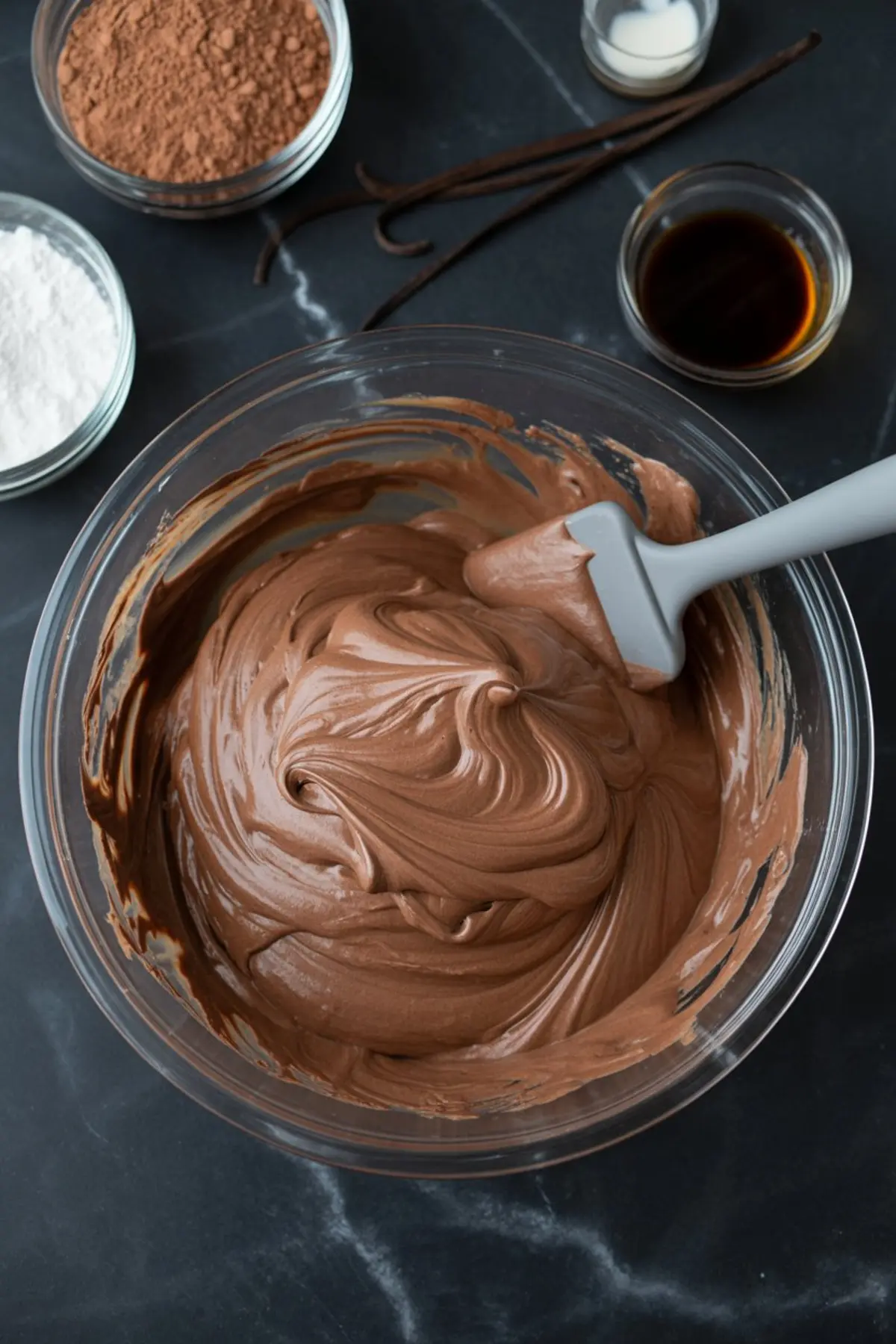 A glass mixing bowl filled with smooth chocolate meringue mixture, surrounded by cocoa powder, powdered sugar, vanilla extract, and vanilla beans on a dark marble surface.
