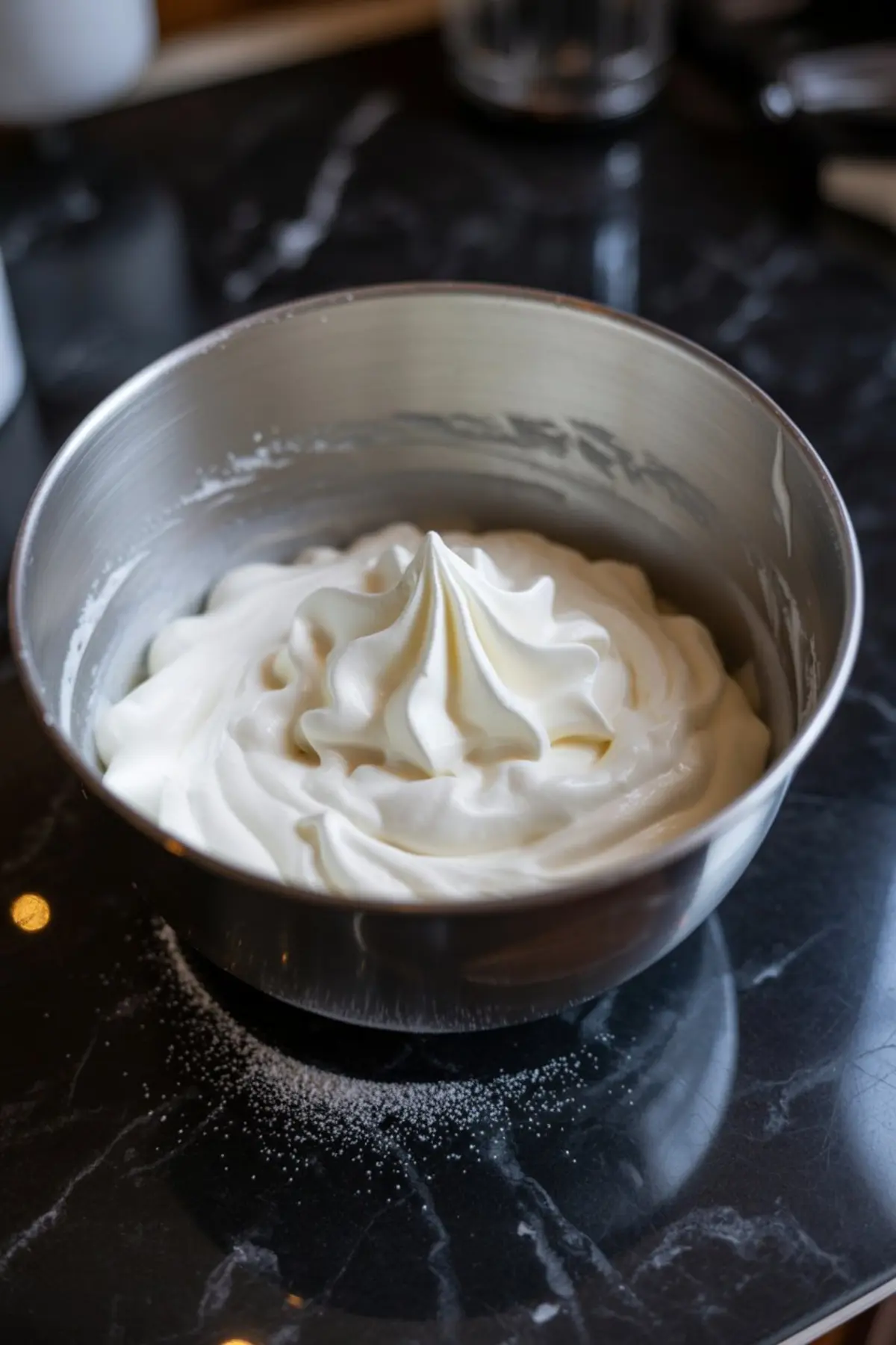 A stainless steel bowl containing freshly whipped cream with soft peaks, placed on a glossy black countertop lightly dusted with sugar.
