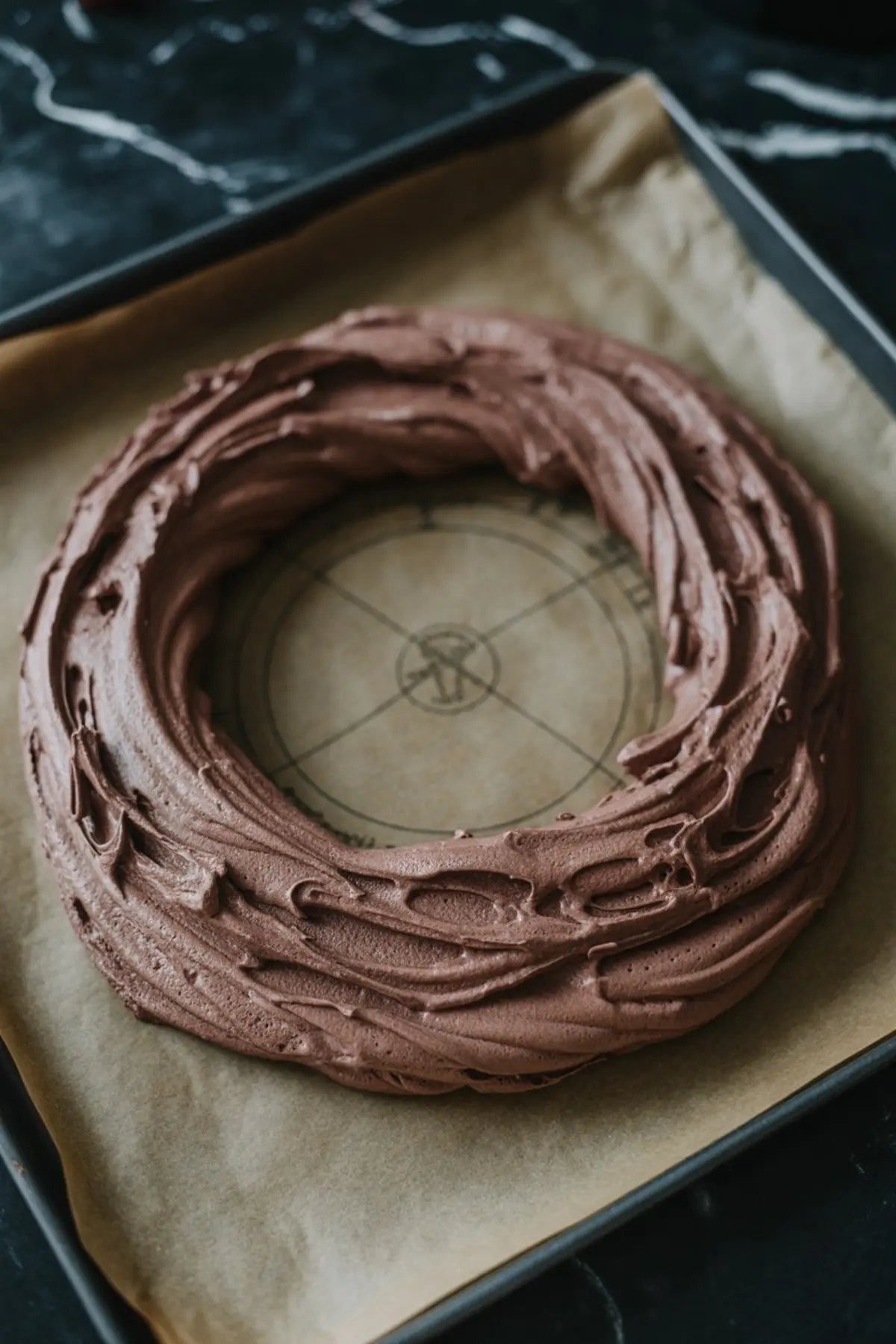 Unbaked chocolate pavlova ring piped onto parchment paper over a printed circle guide, set on a baking tray ready for the oven.
