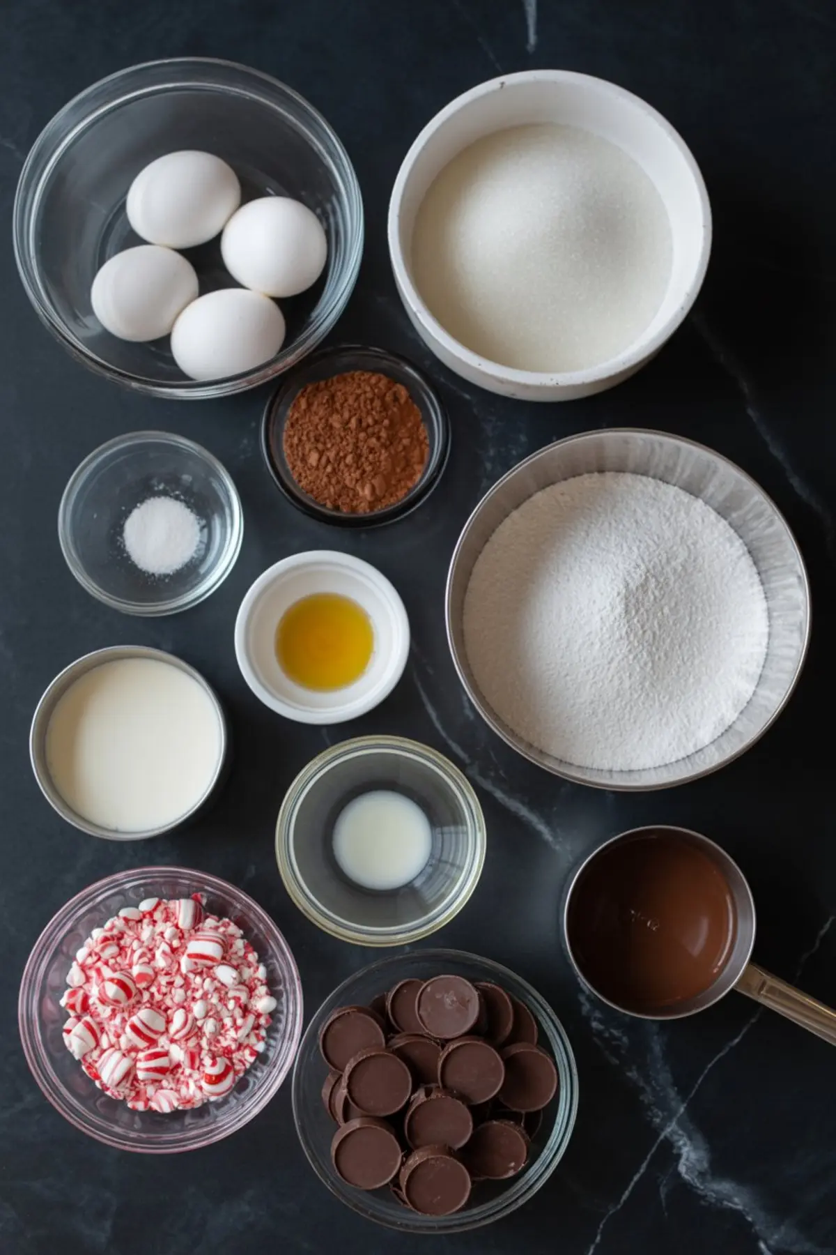 Flat lay of chocolate peppermint pavlova wreath ingredients including eggs, sugar, cocoa powder, flour, crushed peppermint candy, chocolate discs, vanilla, cream, and milk on a black marble counter.
