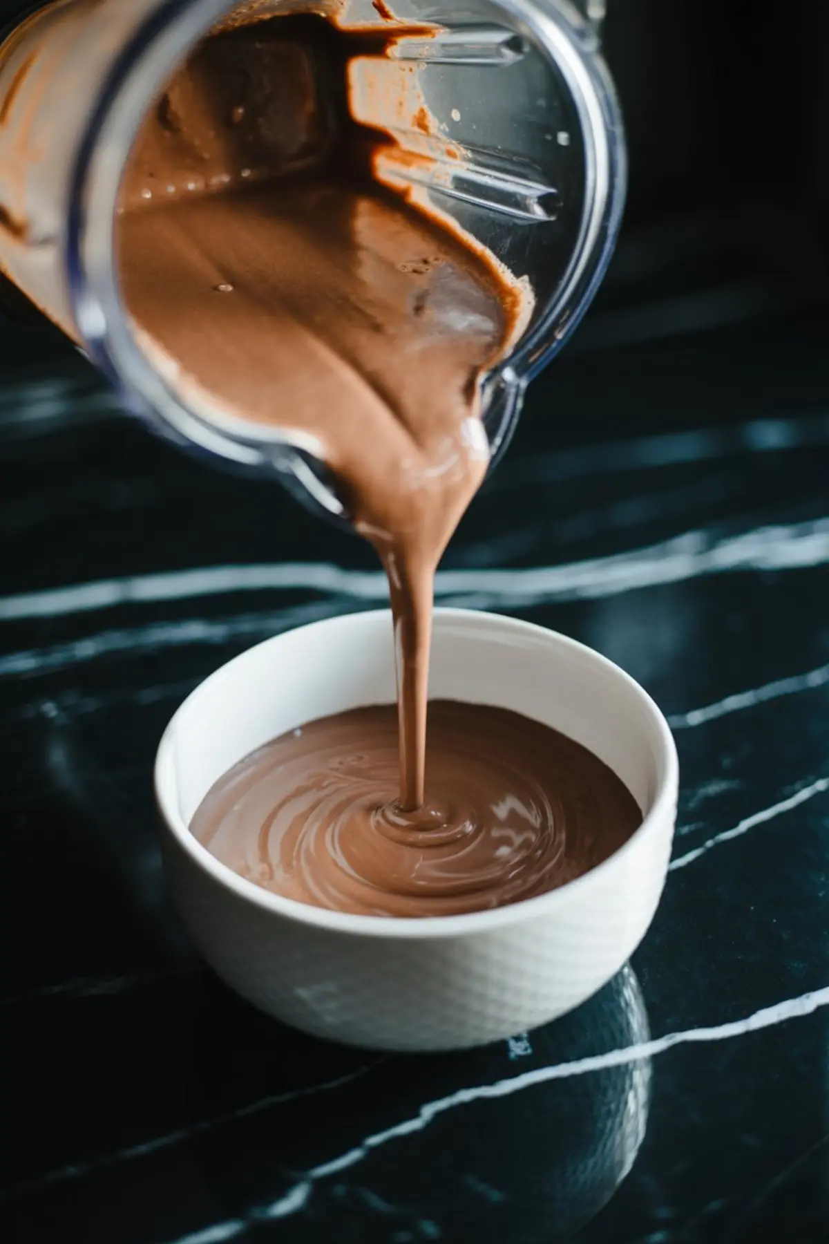 Creamy chocolate smoothie is being poured from a blender into a white ceramic bowl, showing a rich, velvety texture on a black marble countertop.