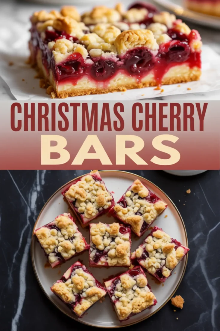 Pinterest collage featuring a close-up of a cherry crumb bar with thick cherry filling and golden topping, paired with an overhead view of eight sliced bars on a plate and text reading “Christmas Cherry Bars.”
