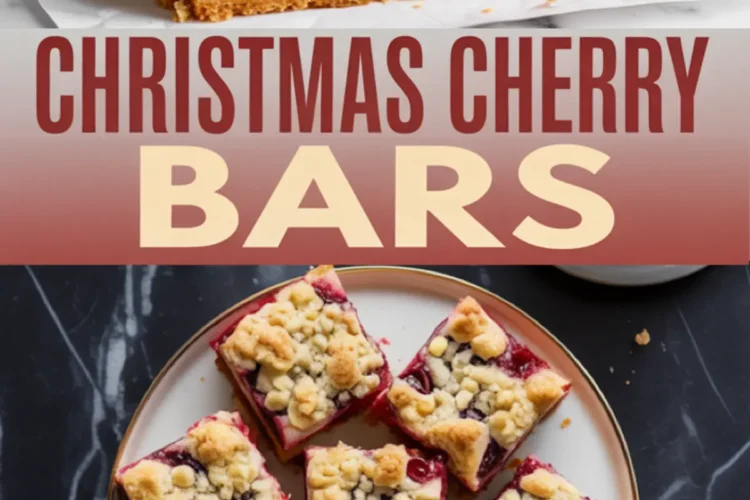 Pinterest collage featuring a close-up of a cherry crumb bar with thick cherry filling and golden topping, paired with an overhead view of eight sliced bars on a plate and text reading “Christmas Cherry Bars.”