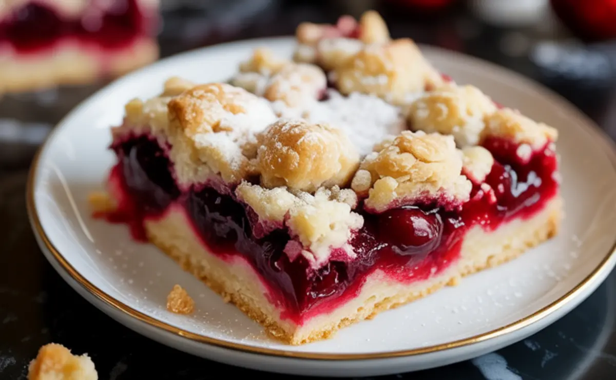 Close-up of a single cherry crumb bar on a white plate with gold rim, highlighting the thick cherry filling, crumb topping, and golden crust dusted with powdered sugar.