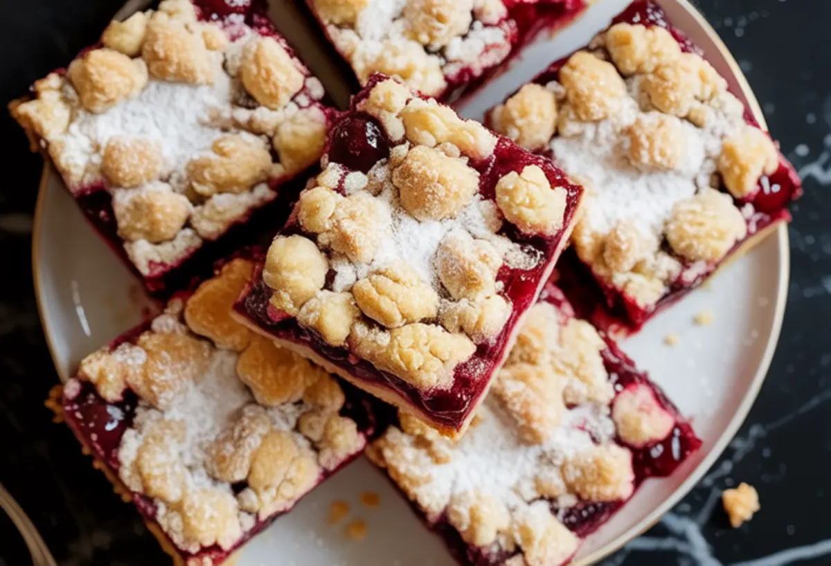 Overhead view of cherry crumb bars on a white plate, with golden crumble topping and powdered sugar, showing vibrant red cherry filling in each slice.