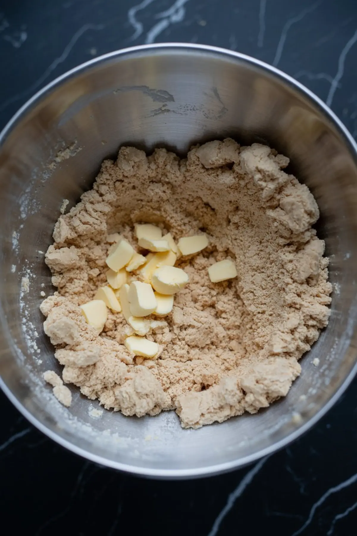 Metal mixing bowl filled with brown sugar crumble mixture and small butter chunks, showing the early stage of making a crumb topping for dessert bars.
