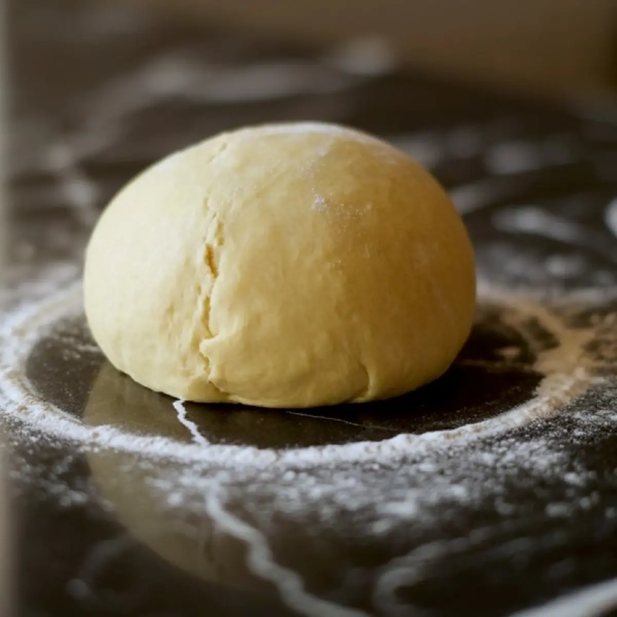 Ball of homemade dough on a floured black marble surface, ready to be rolled out for the base layer of cherry dessert bars.