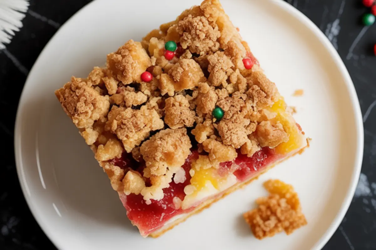 Close-up of a square slice of Christmas dump cake on a white plate, topped with cinnamon crumble and red-green candy sprinkles, showing layers of cherry and pineapple filling with golden cake.