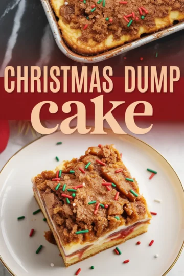 Slice of Christmas dump cake topped with cinnamon crumble and red and green sprinkles on a white plate, layered with cherry filling and yellow cake, with the full cake shown partially above the text overlay.