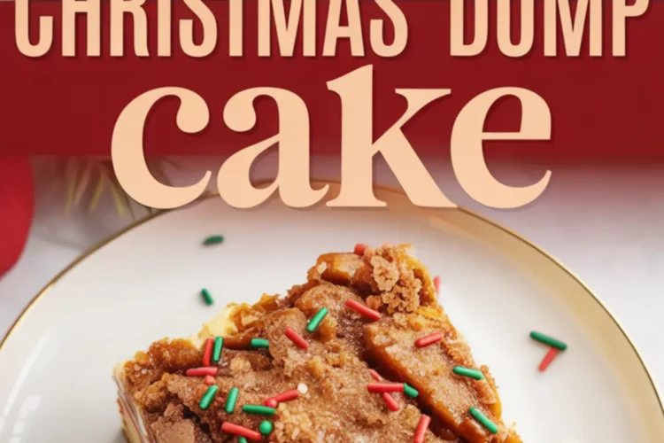 Slice of Christmas dump cake topped with cinnamon crumble and red and green sprinkles on a white plate, layered with cherry filling and yellow cake, with the full cake shown partially above the text overlay.
