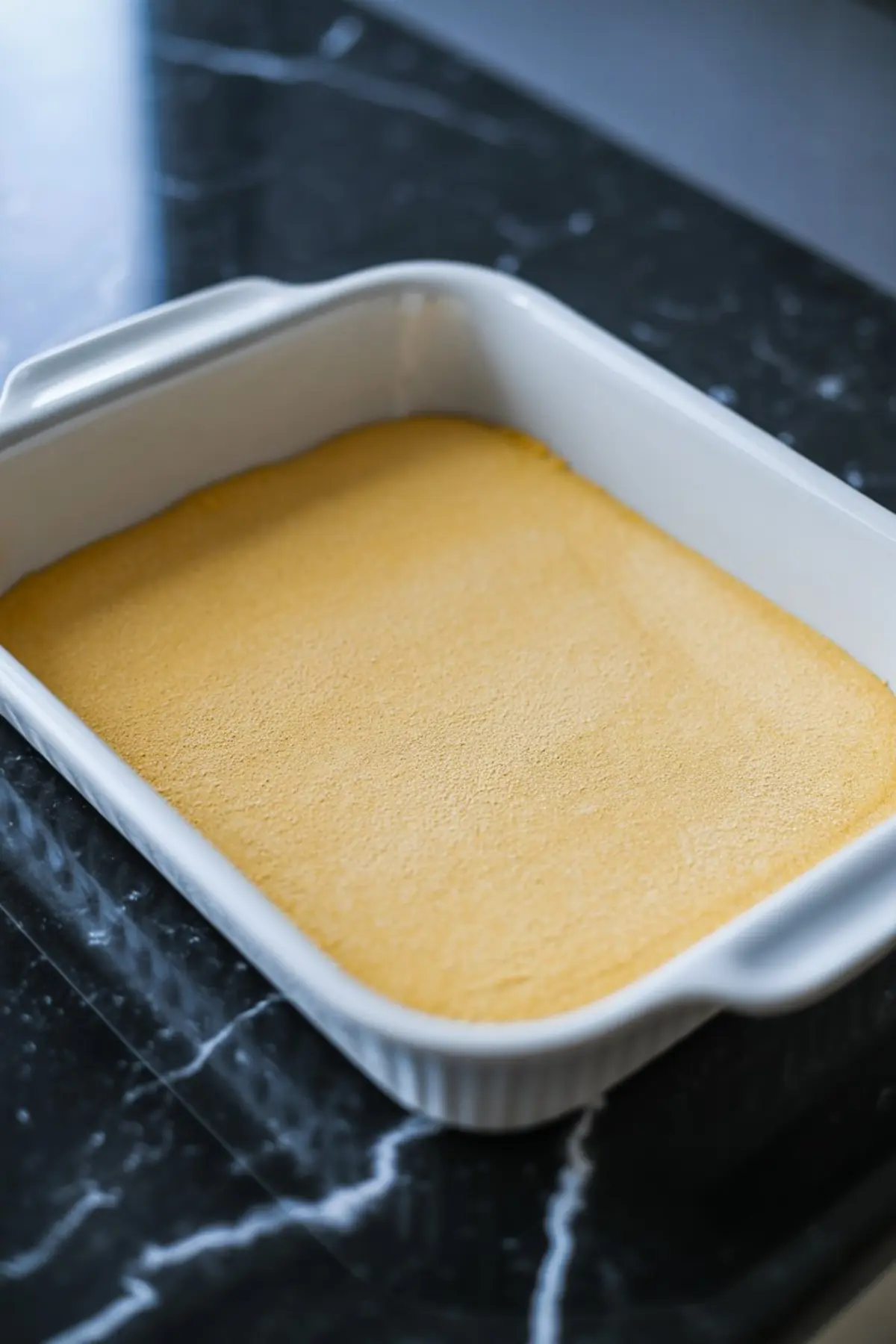 Golden yellow cake base spread evenly in a white ceramic baking dish, resting on a black marble countertop, showing a smooth and fluffy texture before adding toppings.