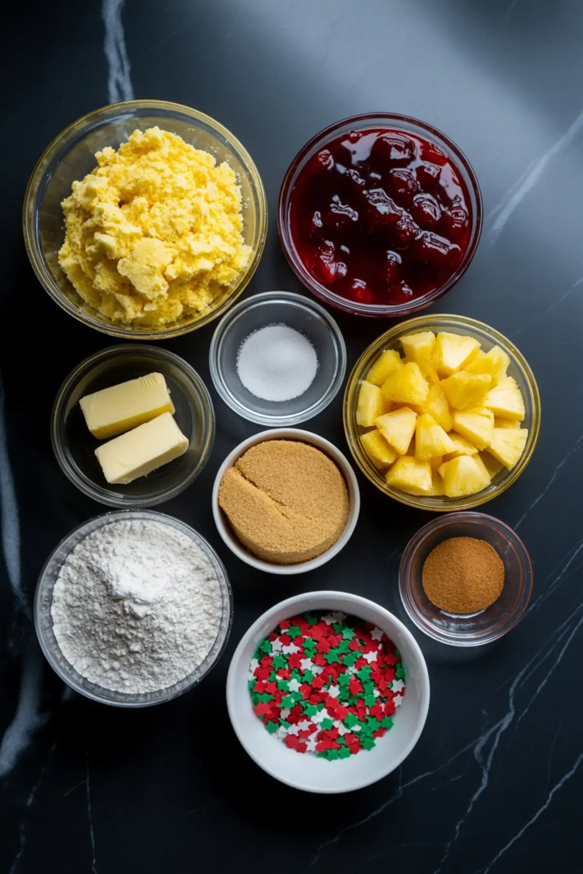 Flat lay of ingredients for a Christmas dump cake on a black countertop, including cornbread mix, cherry pie filling, pineapple chunks, butter, flour, brown sugar, white sugar, cinnamon, vanilla frosting, and red and green holiday sprinkles.