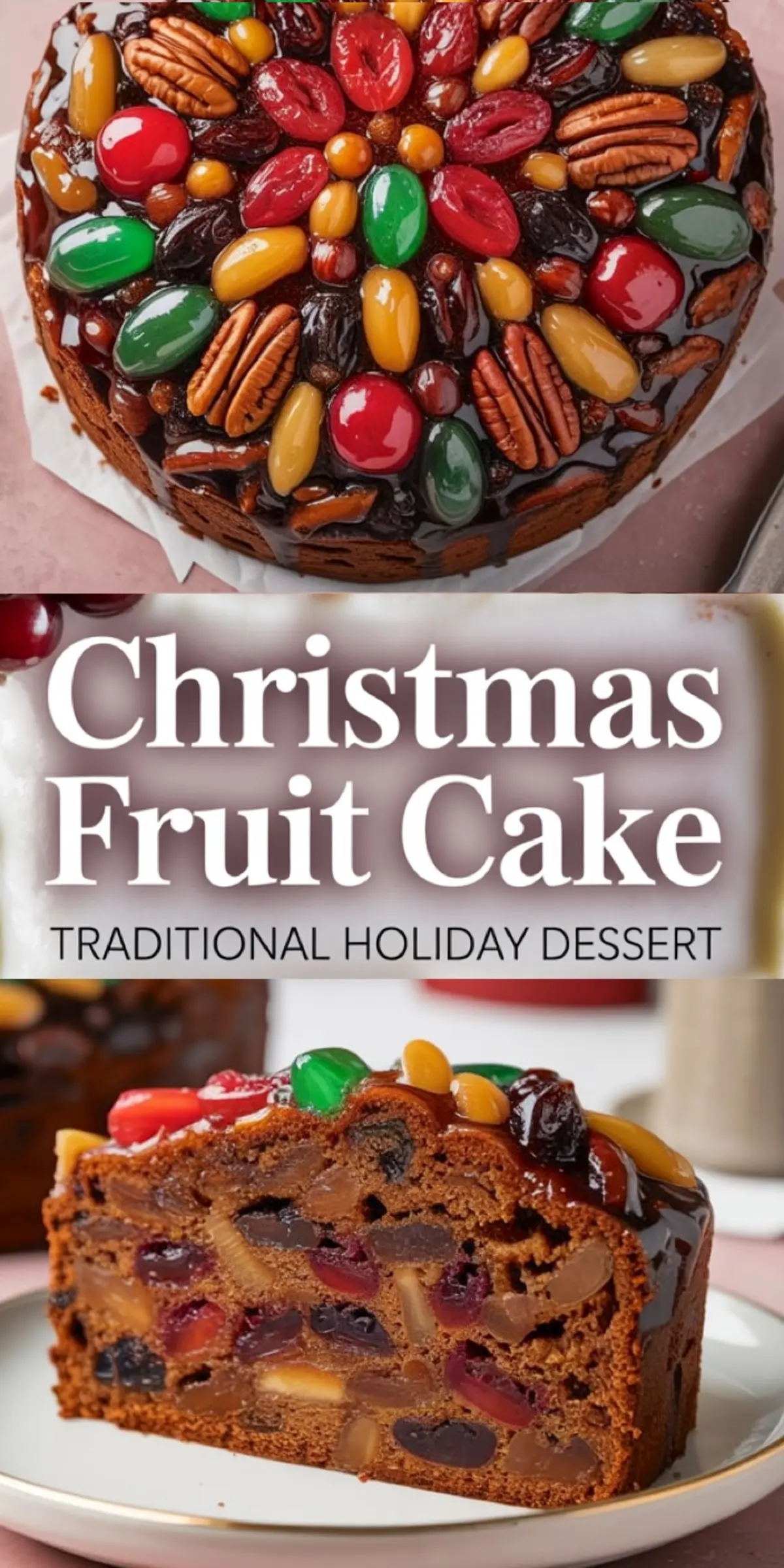 Glazed Christmas fruit cake topped with glossy candied cherries, green jellies, almonds, and pecans, shown whole and sliced to reveal a dense, rich interior filled with dried fruits and nuts.
