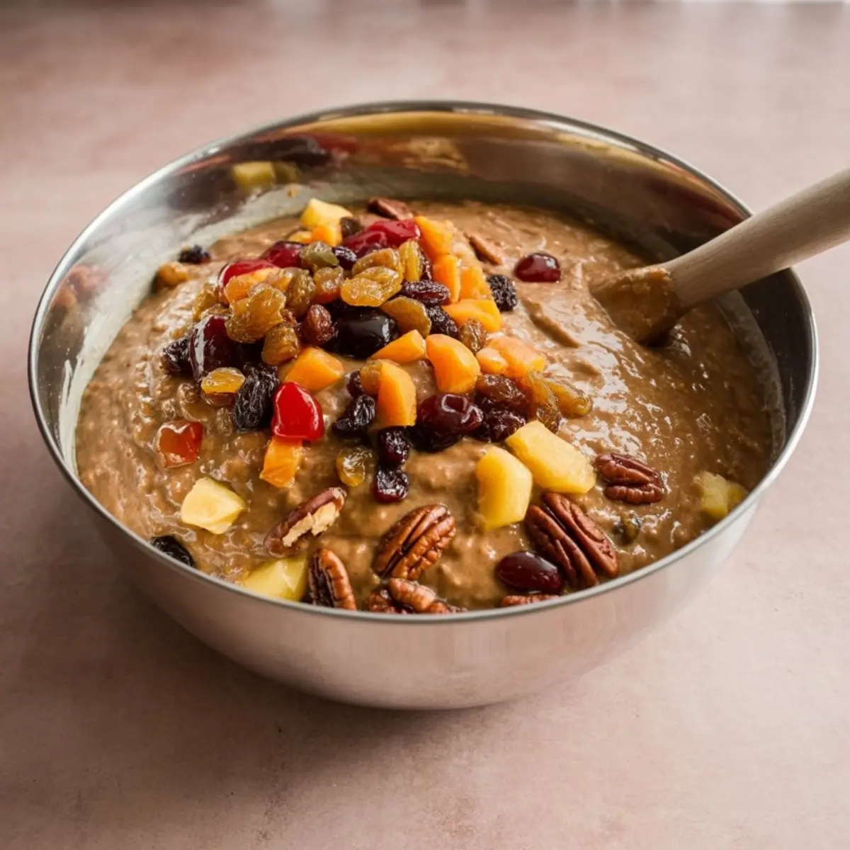 Metal mixing bowl filled with thick fruit cake batter, topped with chopped dried fruit, glacé cherries, raisins, and pecans, ready to be folded in before baking.
