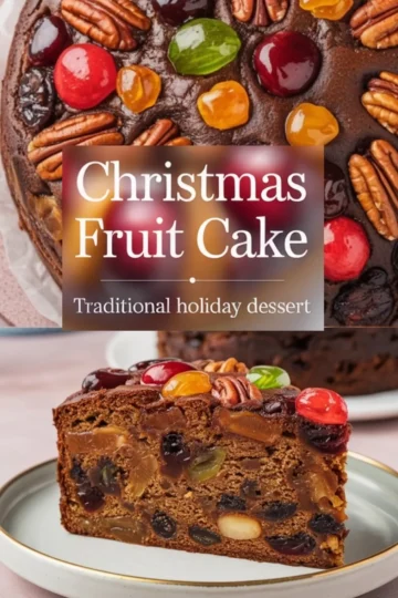 Classic holiday fruit cake decorated with vibrant red and green glacé cherries, golden jellies, and pecans, sliced to display a moist, fruit-packed crumb.