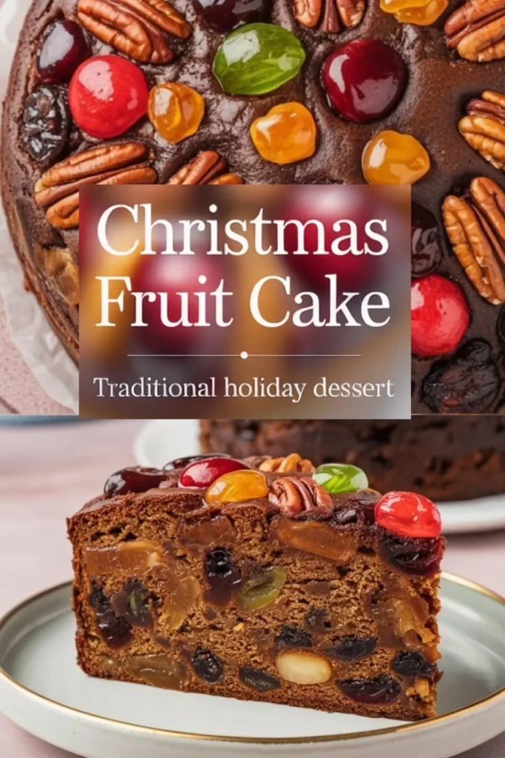 Classic holiday fruit cake decorated with vibrant red and green glacé cherries, golden jellies, and pecans, sliced to display a moist, fruit-packed crumb.