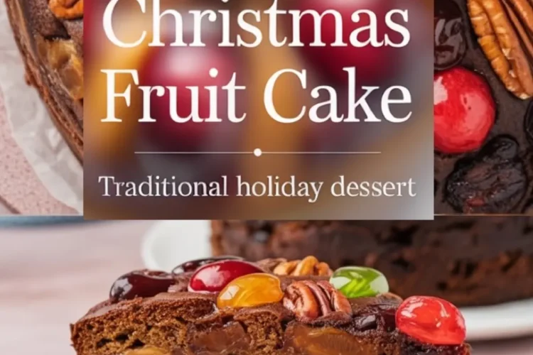 Classic holiday fruit cake decorated with vibrant red and green glacé cherries, golden jellies, and pecans, sliced to display a moist, fruit-packed crumb.
