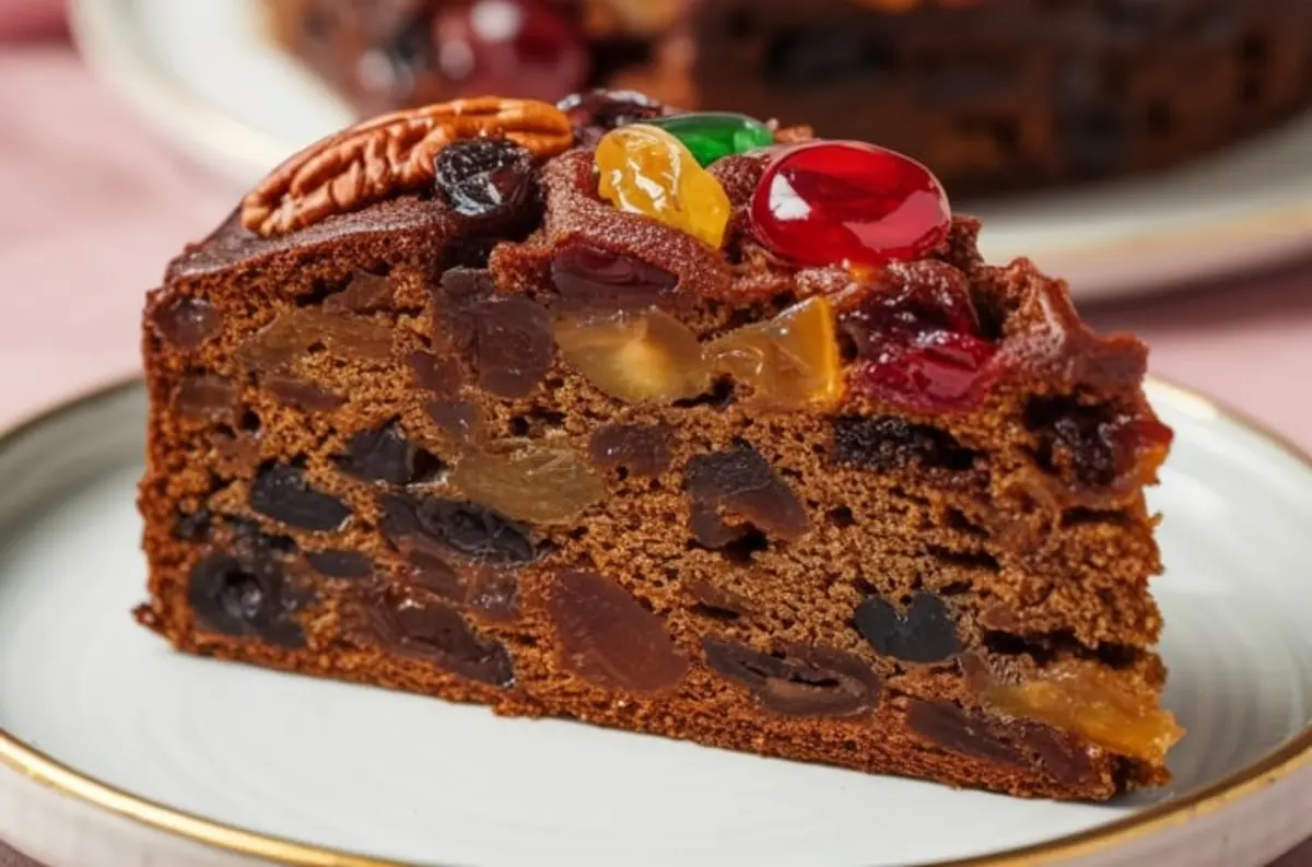 Close-up of a thick slice of Christmas fruit cake filled with raisins, sultanas, dried apricots, and cherries, topped with glossy nuts and colorful candied fruit.

