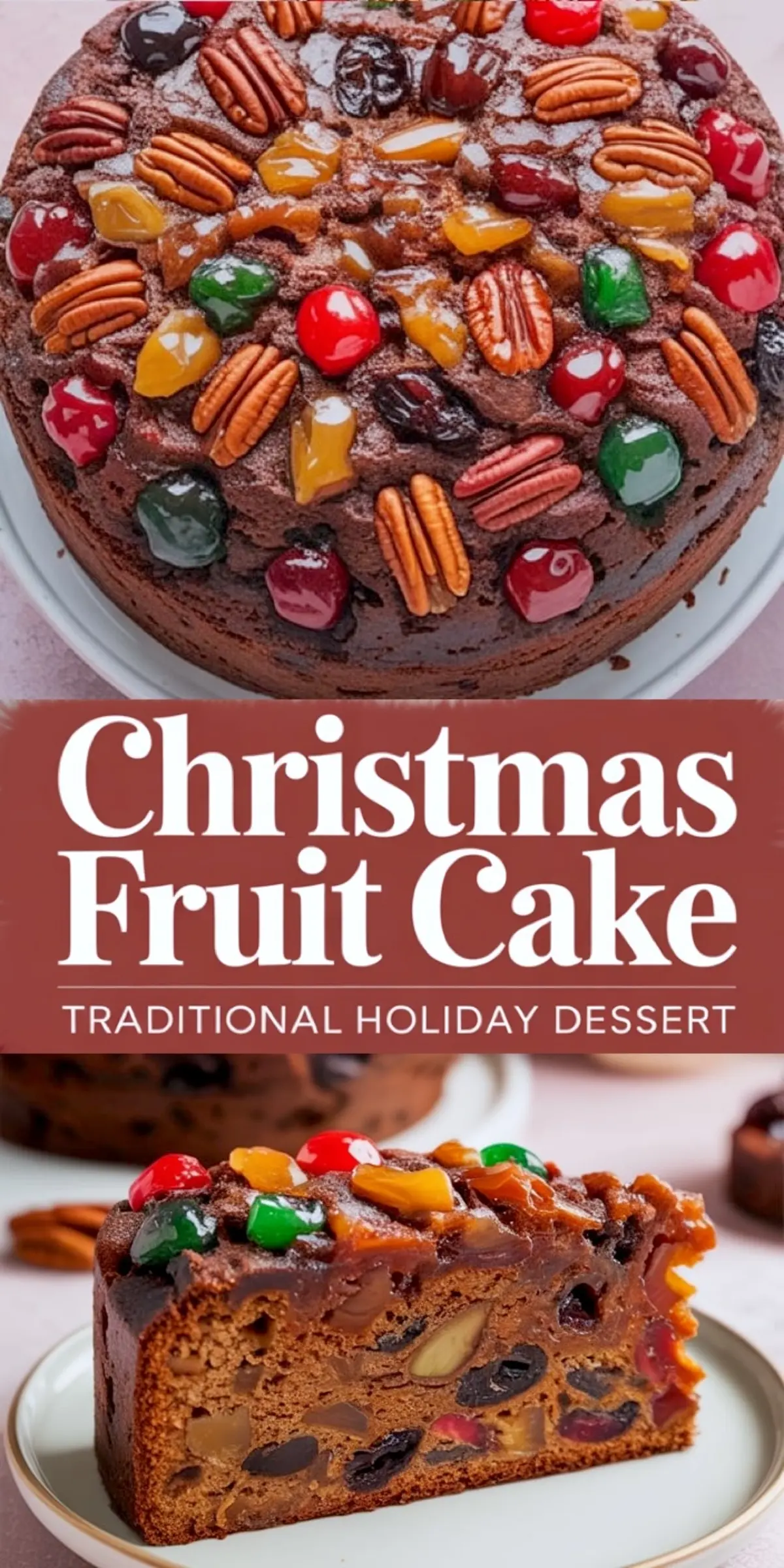 Traditional Christmas fruit cake covered in shiny pecans, red and green cherries, and golden jellies, cut open to show a dense, festive filling of soaked fruits and nuts.
