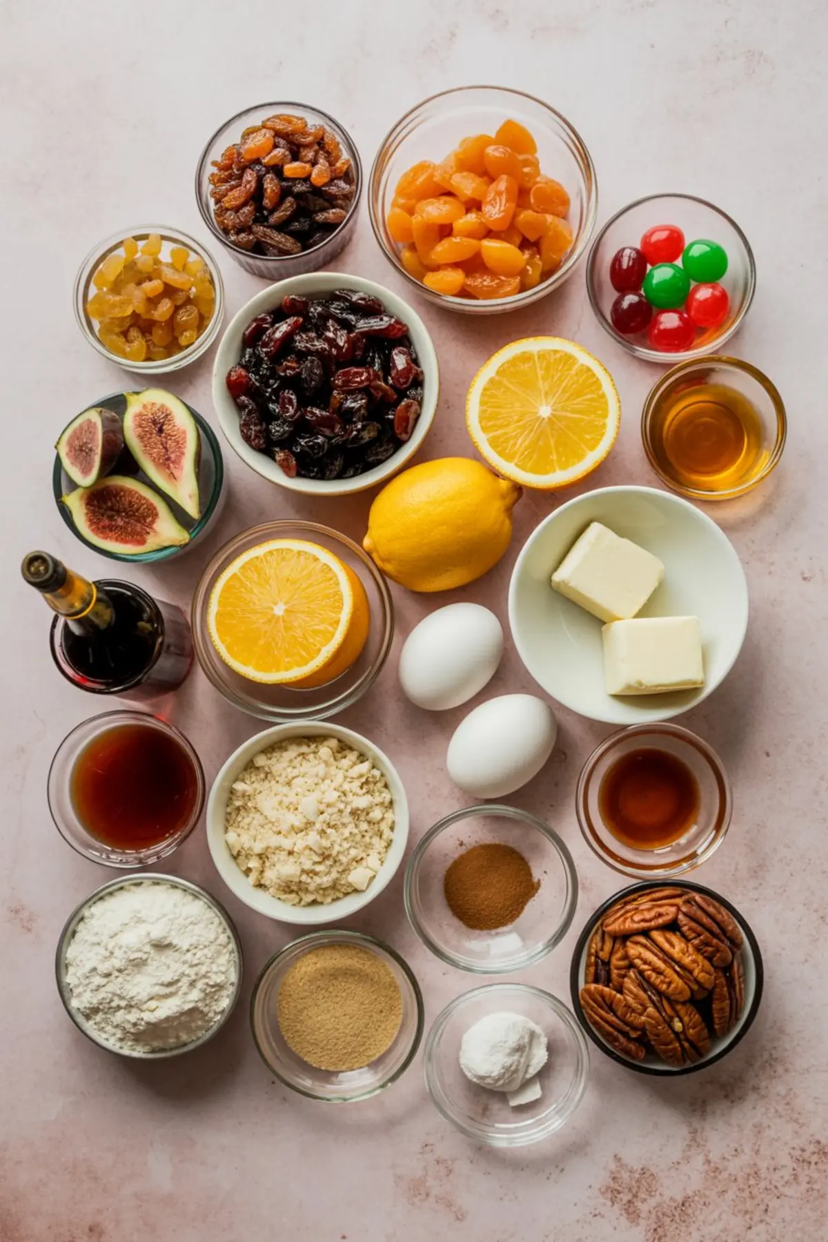 Flat lay of Christmas fruit cake ingredients including dried figs, golden raisins, glacé cherries, citrus halves, butter, eggs, flour, brown sugar, pecans, spices, and vanilla.
