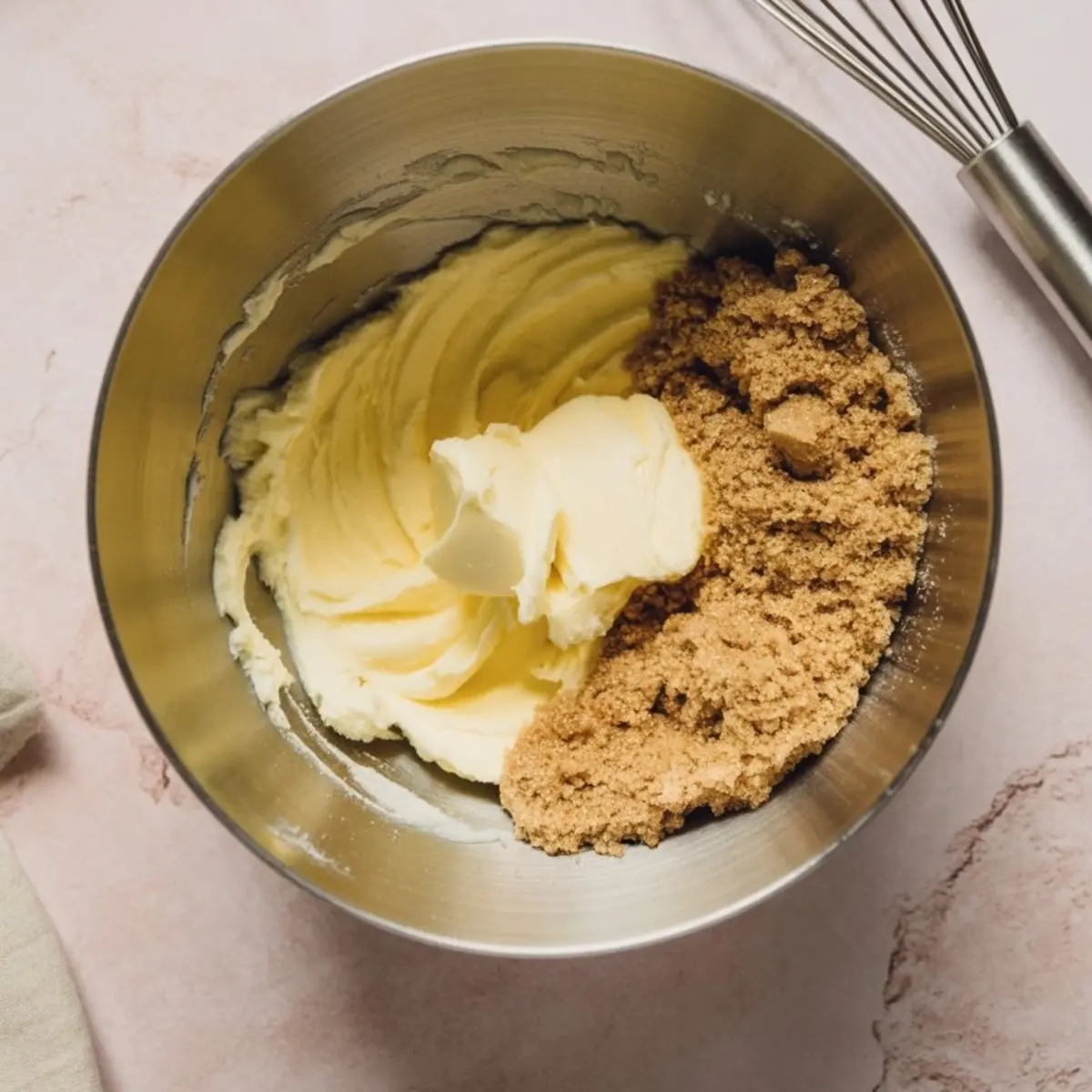 Metal mixing bowl with creamed butter and light brown sugar, part of the base for rich holiday fruit cake batter.
