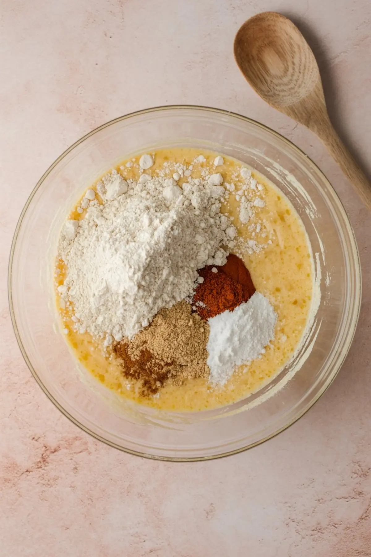 Clear glass bowl with flour, ground spices, baking powder, and brown sugar on top of a mixed wet base, ready for blending into Christmas cake batter.
