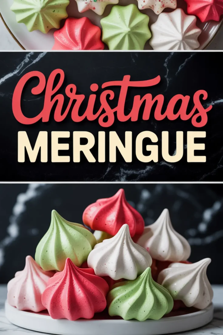 Collage of red, green, and white Christmas meringue cookies with swirled tops, arranged on a plate with festive text in the center and stacked cookies at the bottom.