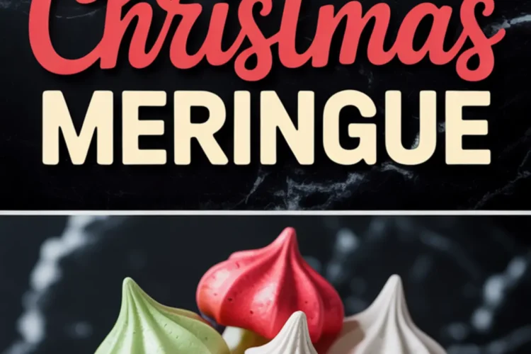 Collage of red, green, and white Christmas meringue cookies with swirled tops, arranged on a plate with festive text in the center and stacked cookies at the bottom.