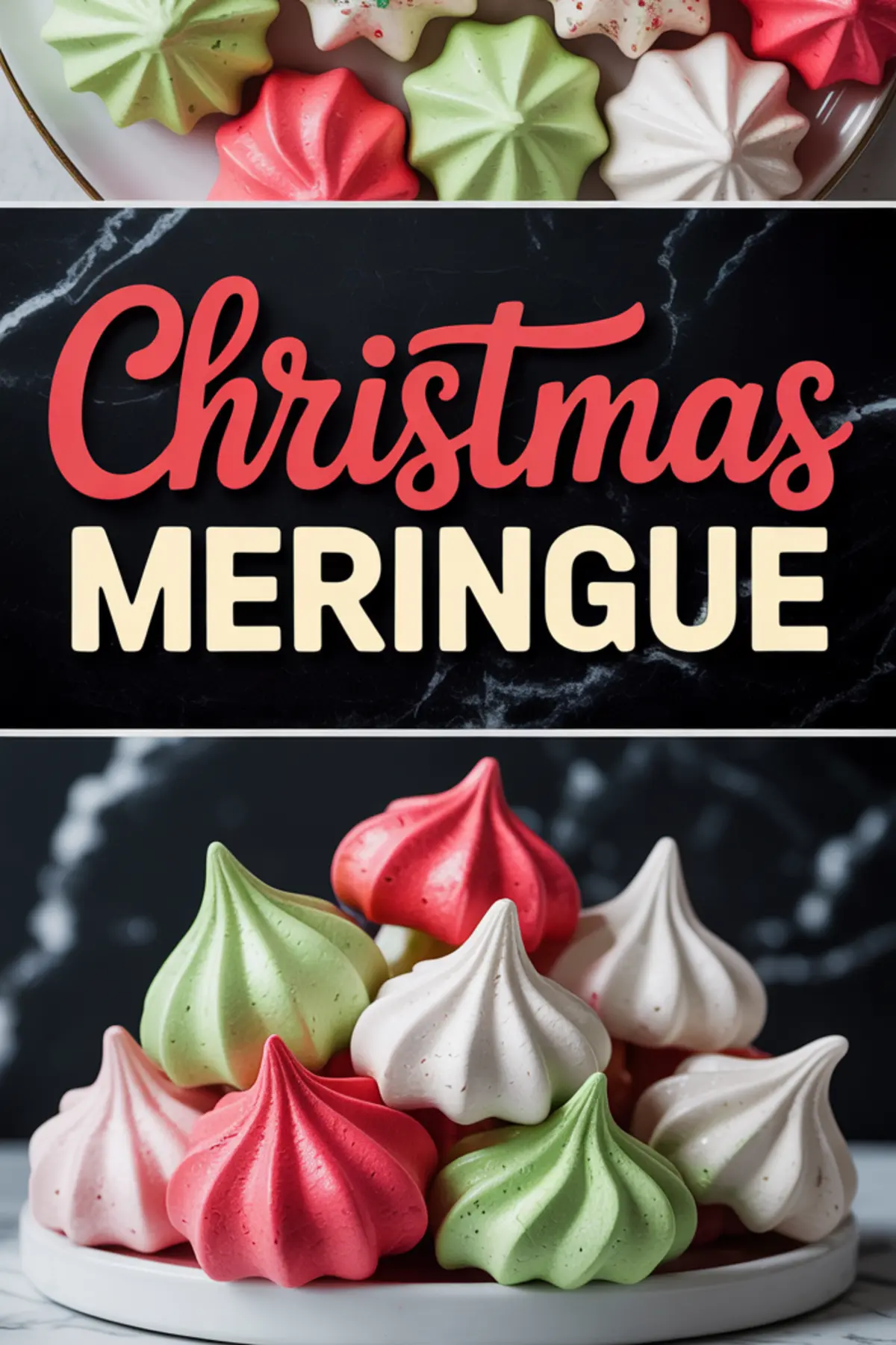 Collage of red, green, and white Christmas meringue cookies with swirled tops, arranged on a plate with festive text in the center and stacked cookies at the bottom.