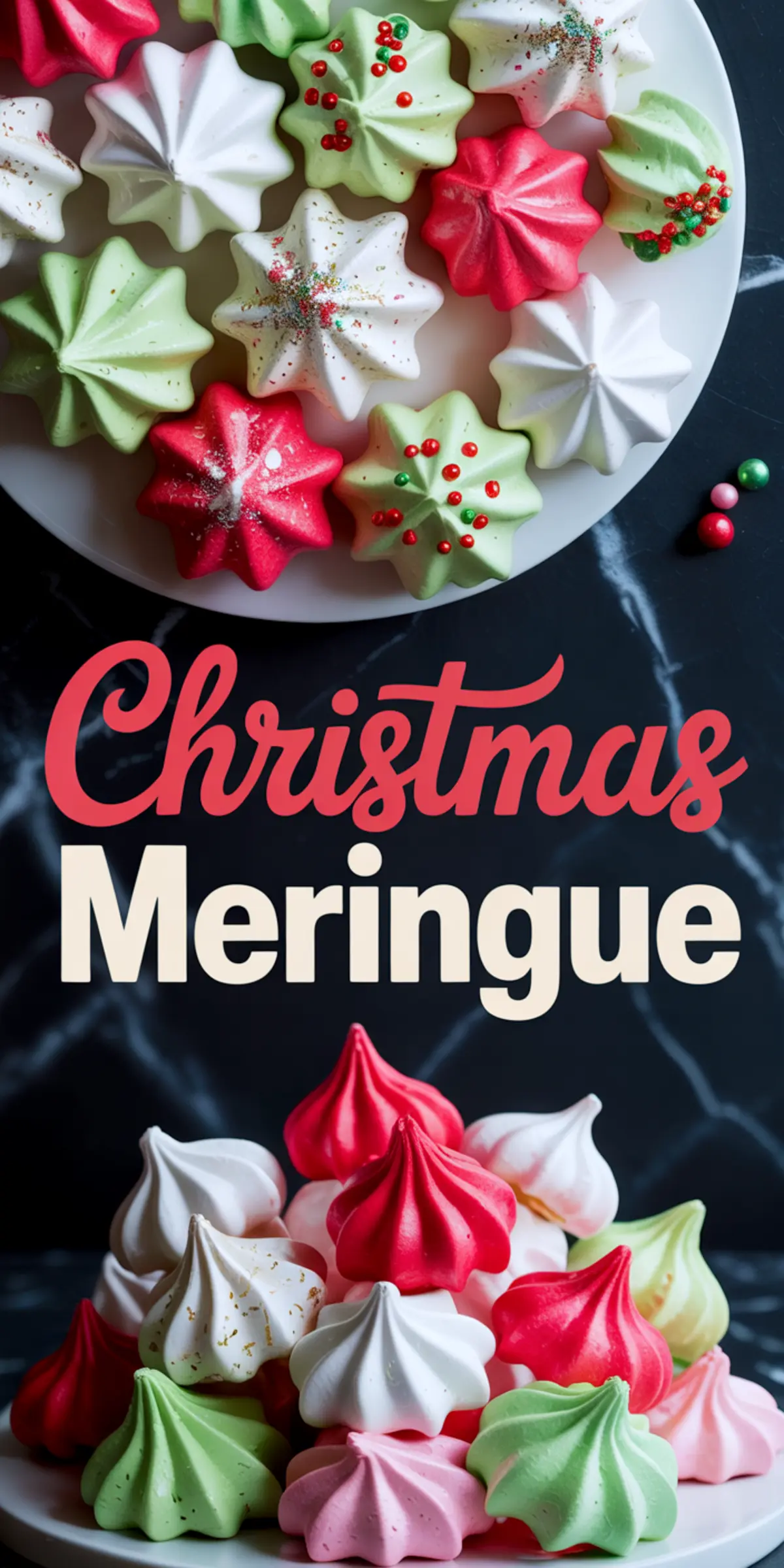 Christmas meringue collage with pastel green, white, and red cookies topped with edible glitter and sprinkles, festive text in the middle, and a display of cookies stacked on a cake stand at the bottom.