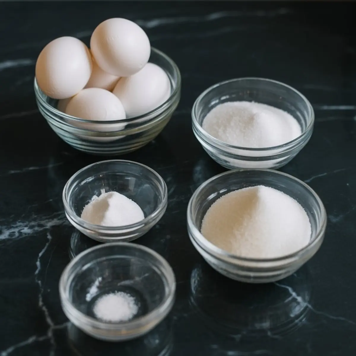 Glass bowls filled with baking ingredients on a dark marble countertop, including whole eggs, granulated sugar, powdered sugar, and a pinch of salt.