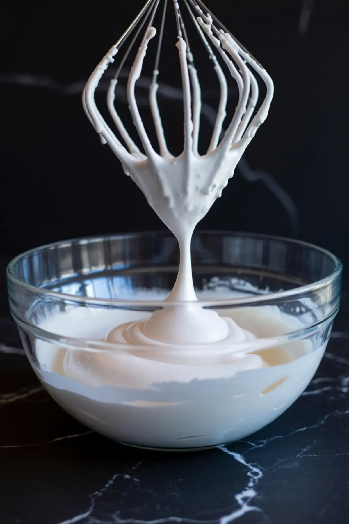 Whipped meringue forming stiff peaks on a whisk above a glass bowl, showcasing the glossy texture and volume of the beaten egg whites.