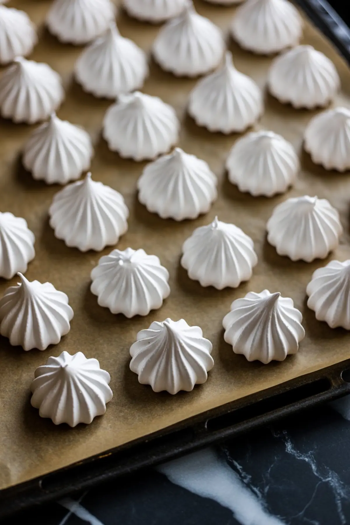 Rows of white meringue cookies with a swirled shell shape arranged on a baking sheet lined with parchment paper, ready for baking or serving.