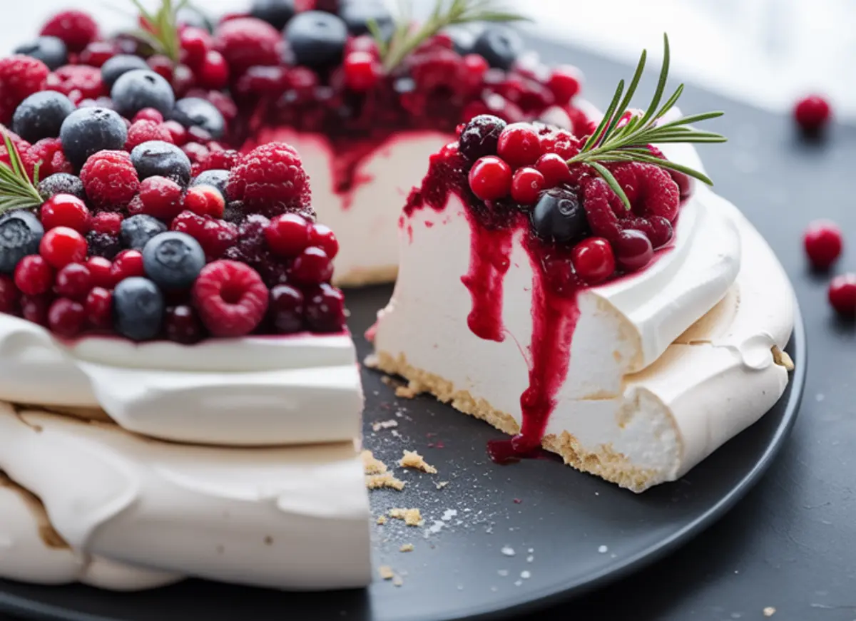 Close-up of a sliced Christmas pavlova on a black plate, featuring crisp meringue, fluffy marshmallow center, and a generous topping of fresh berries, berry compote, and rosemary sprigs.
