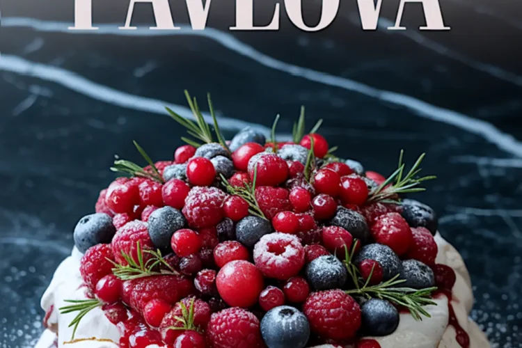 Decorated Christmas pavlova topped with sugared cranberries, blueberries, raspberries, and fresh rosemary sprigs, with red berry sauce dripping over a crisp white meringue base on a dark background.