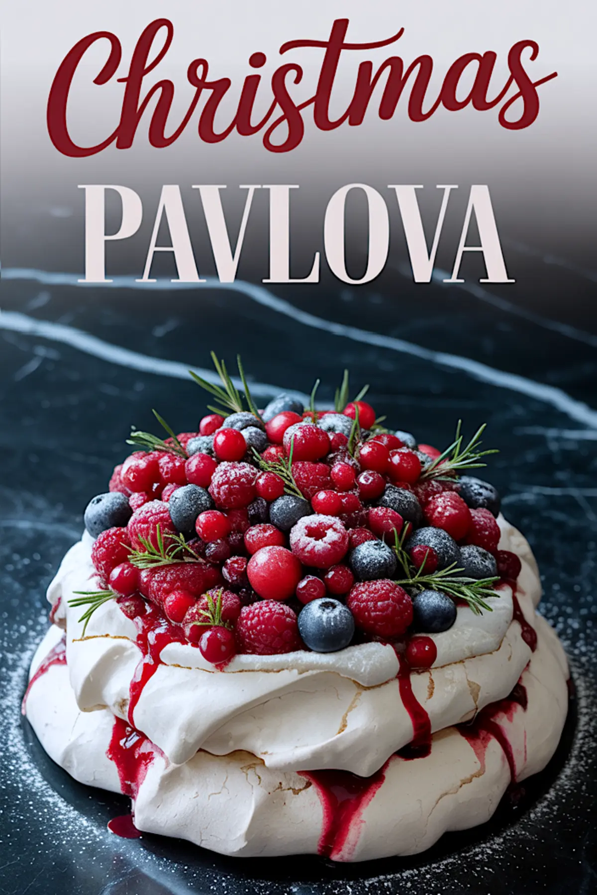 Decorated Christmas pavlova topped with sugared cranberries, blueberries, raspberries, and fresh rosemary sprigs, with red berry sauce dripping over a crisp white meringue base on a dark background.
