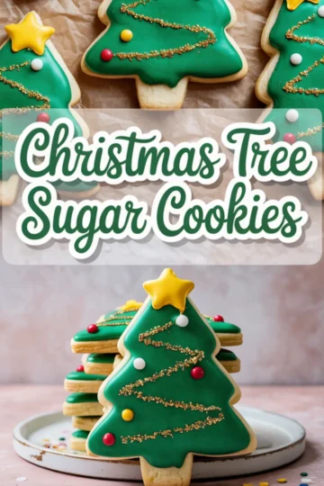 Decorated Christmas tree sugar cookies stacked on a white plate with green royal icing, gold glittery garland, red and white candy ornaments, and a yellow star topper, with overlay text reading “Christmas Tree Sugar Cookies.”