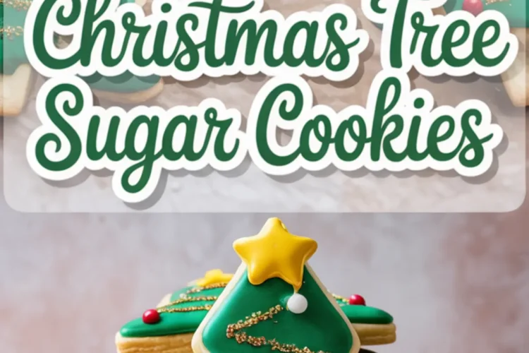 Decorated Christmas tree sugar cookies stacked on a white plate with green royal icing, gold glittery garland, red and white candy ornaments, and a yellow star topper, with overlay text reading “Christmas Tree Sugar Cookies.”