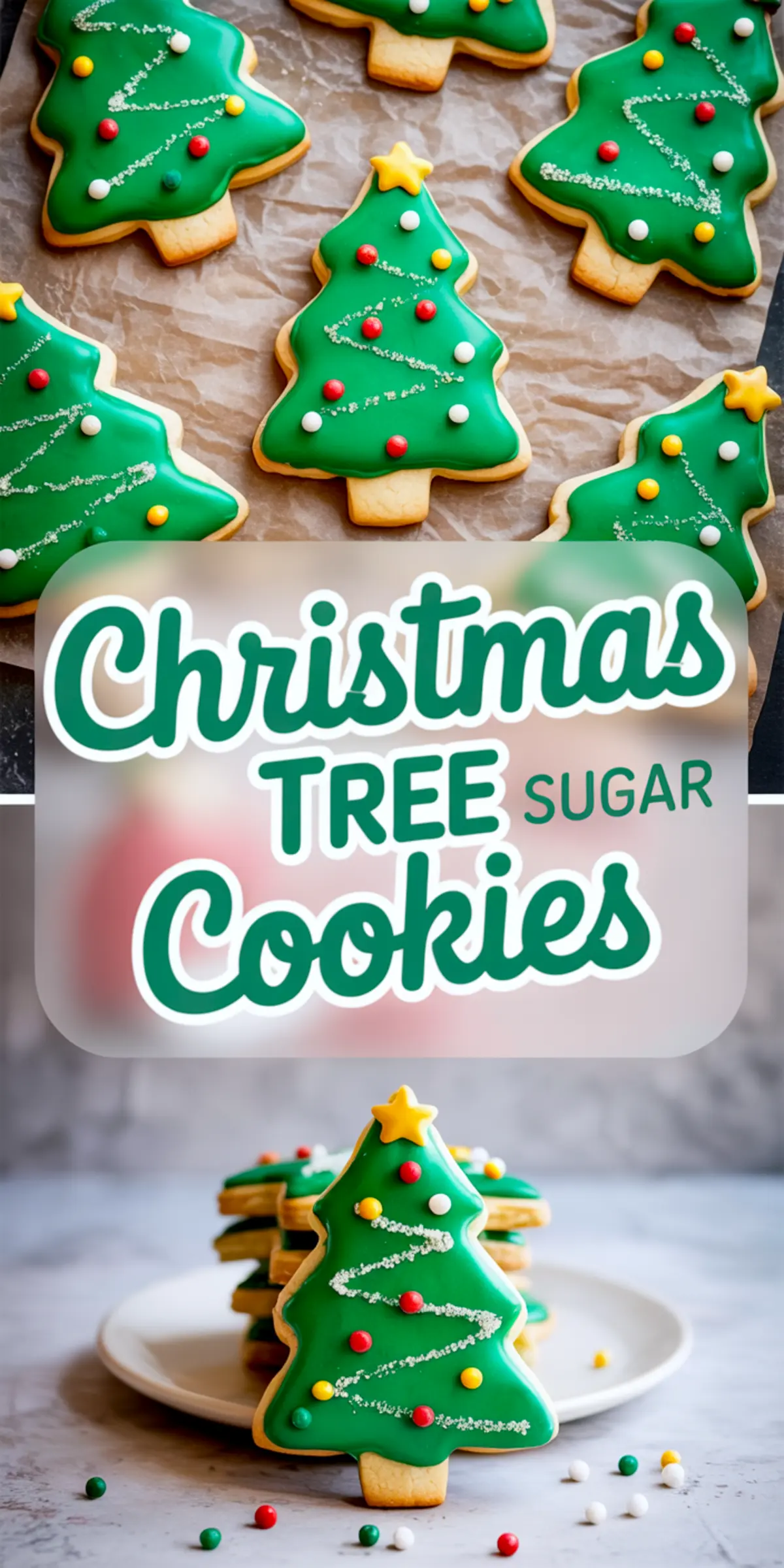 Top half features green-frosted tree-shaped cookies decorated with round candies and sugar lines on parchment. Bottom half shows stacked cookies on a white plate with a single front-facing cookie, overlaid with “Christmas Tree Sugar Cookies” in bold green and white.