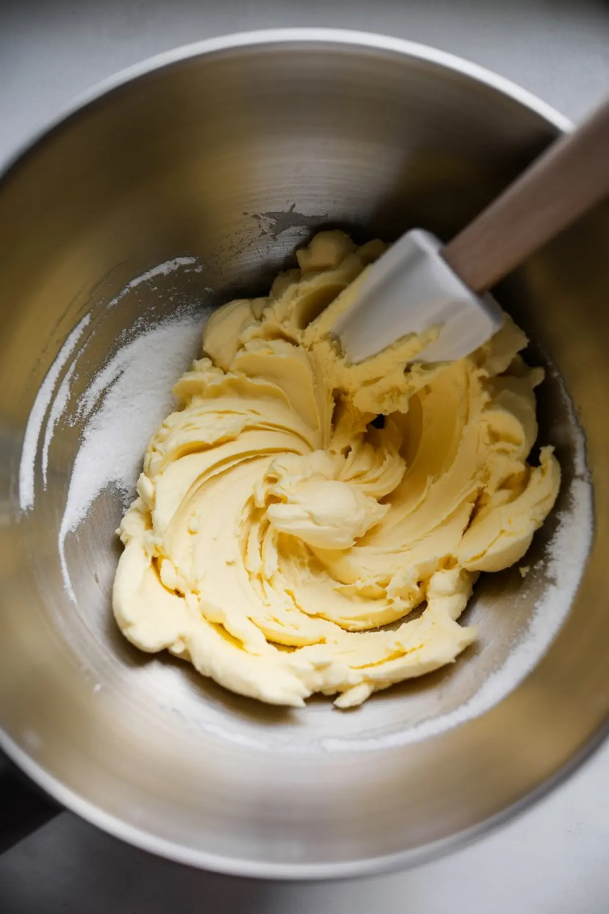 Butter and sugar mixture being creamed in a metal mixing bowl with a white silicone spatula, showcasing the beginning stages of sugar cookie dough preparation.
