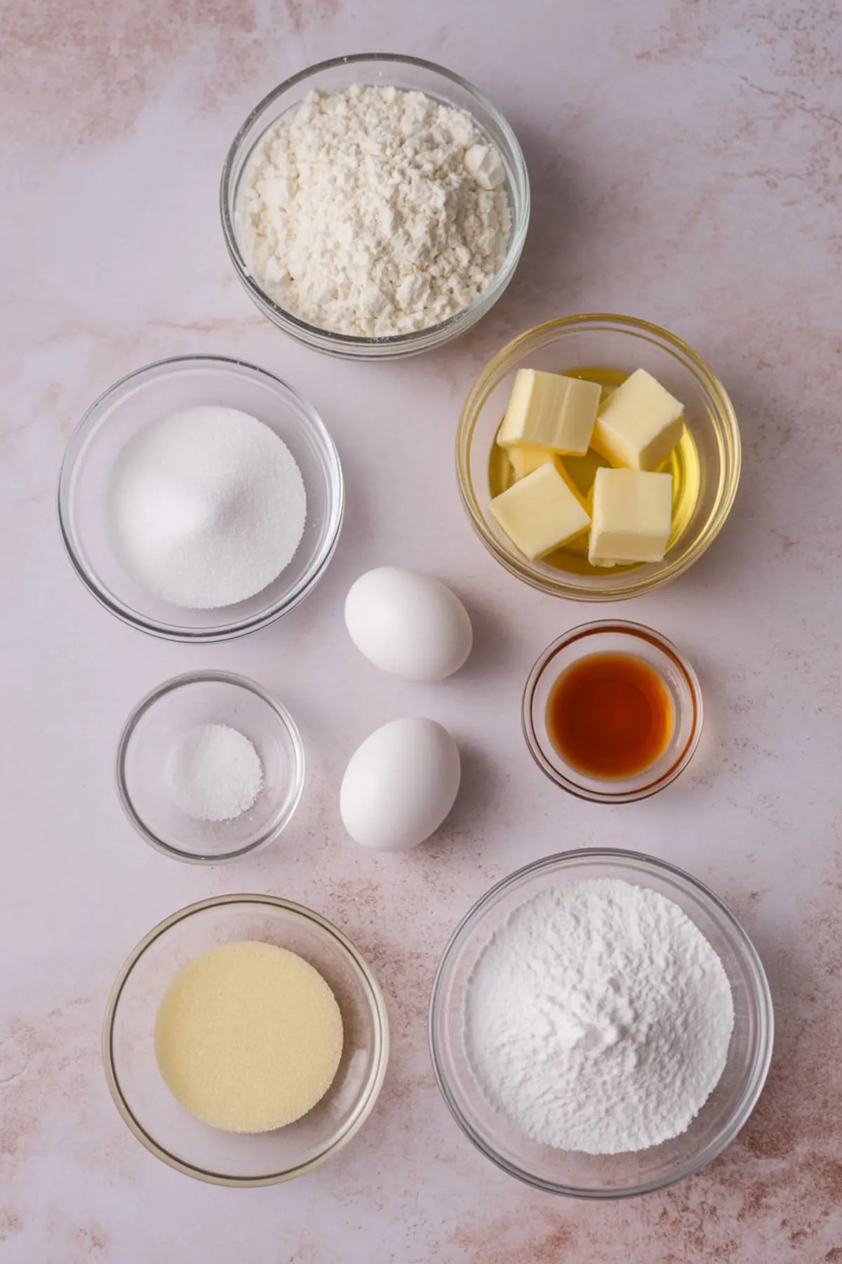 Flat lay of sugar cookie ingredients including flour, butter, granulated sugar, powdered sugar, eggs, vanilla extract, salt, and cornmeal, arranged in glass bowls on a pink marble surface.