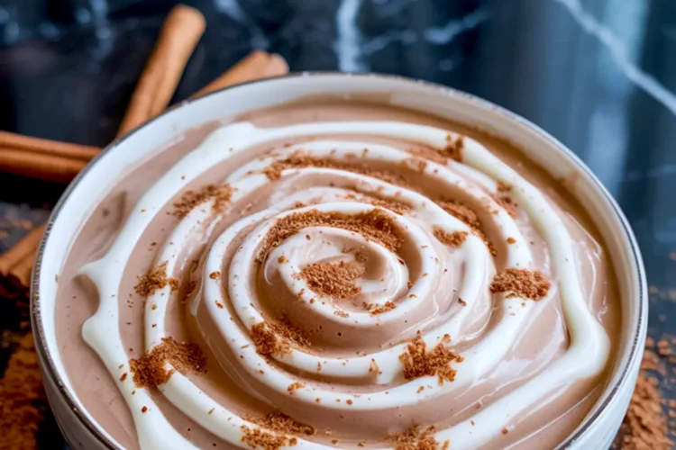 Cinnamon roll smoothie bowl styled with spiraled yogurt drizzle and sprinkled cinnamon powder, placed on a dark marble surface with cinnamon sticks.