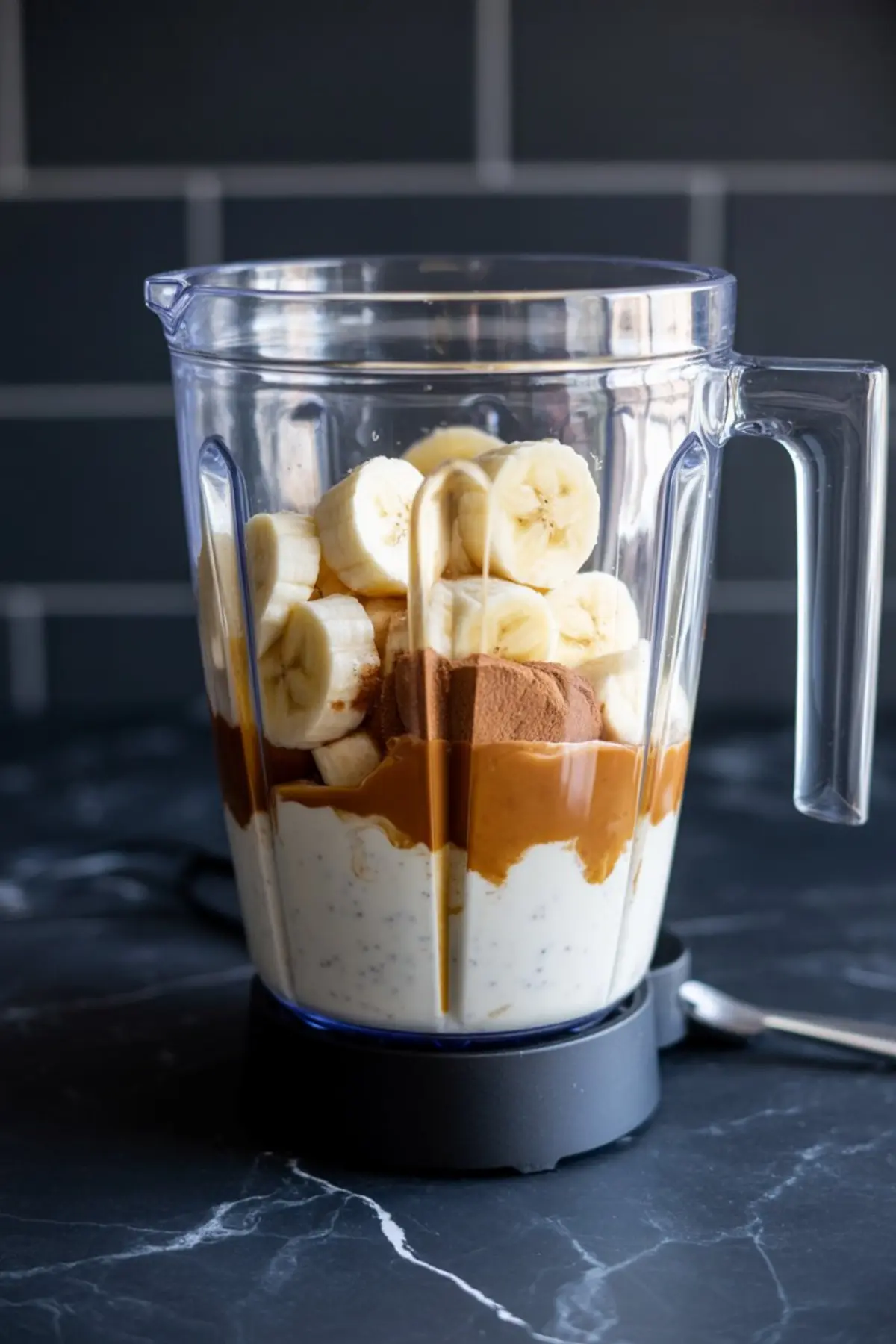 A clear blender filled with sliced bananas, peanut butter, cocoa powder, and yogurt with chia seeds, set against a black tiled kitchen background.
