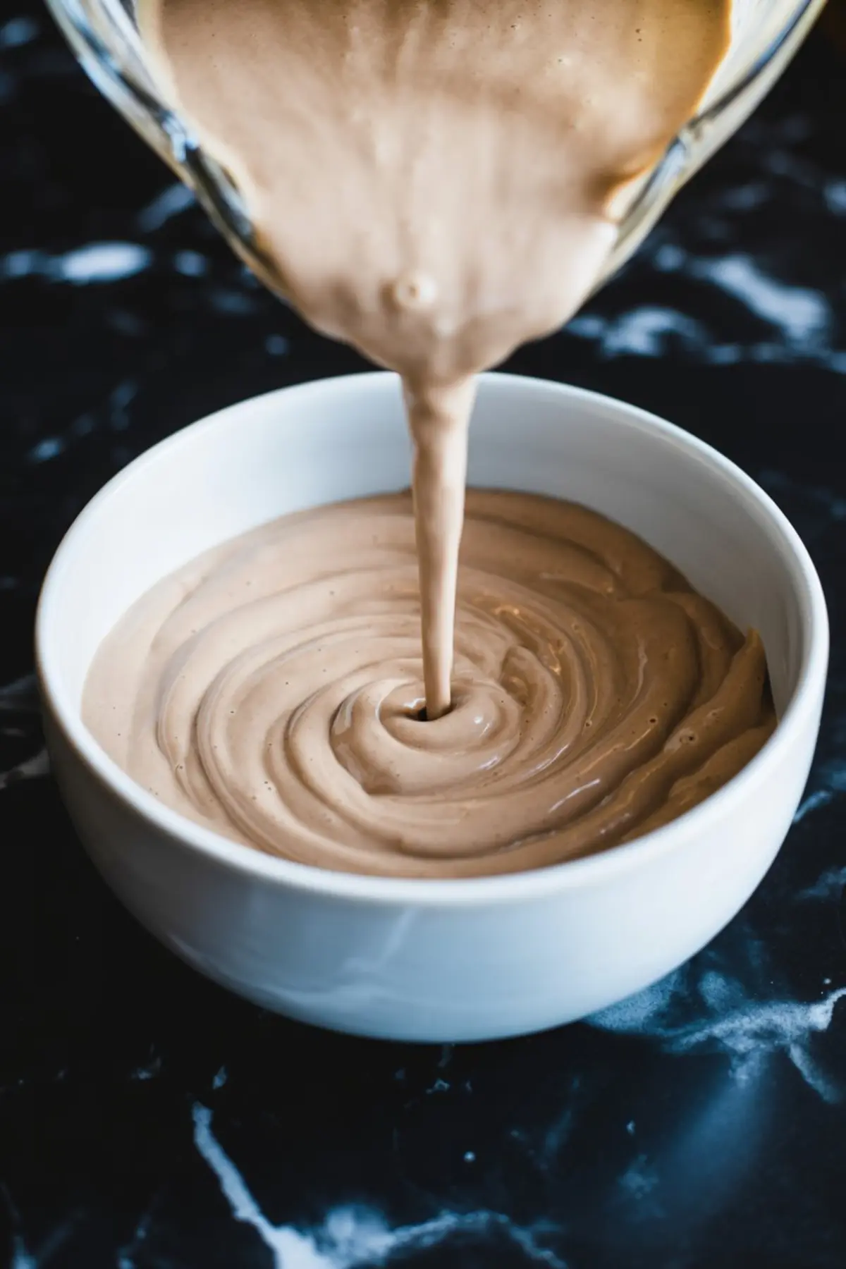 A thick cinnamon banana smoothie being poured into a white bowl, forming creamy swirls on a black marble countertop.
