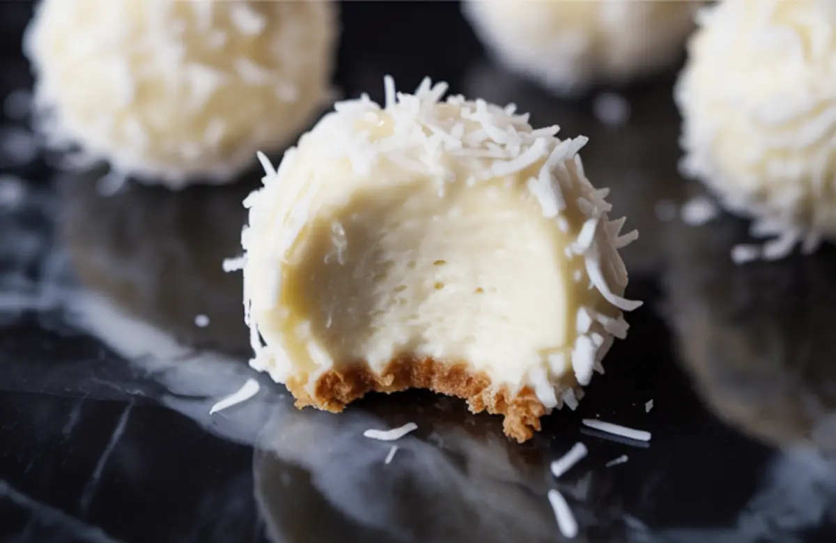 Close-up of a coconut cheesecake bite with shredded coconut coating and creamy center, revealing a golden cookie crust.